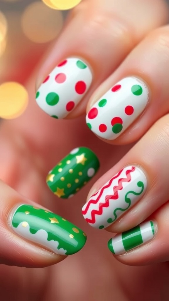 Close-up of Christmas-themed nail art with red and green colors and simple patterns.